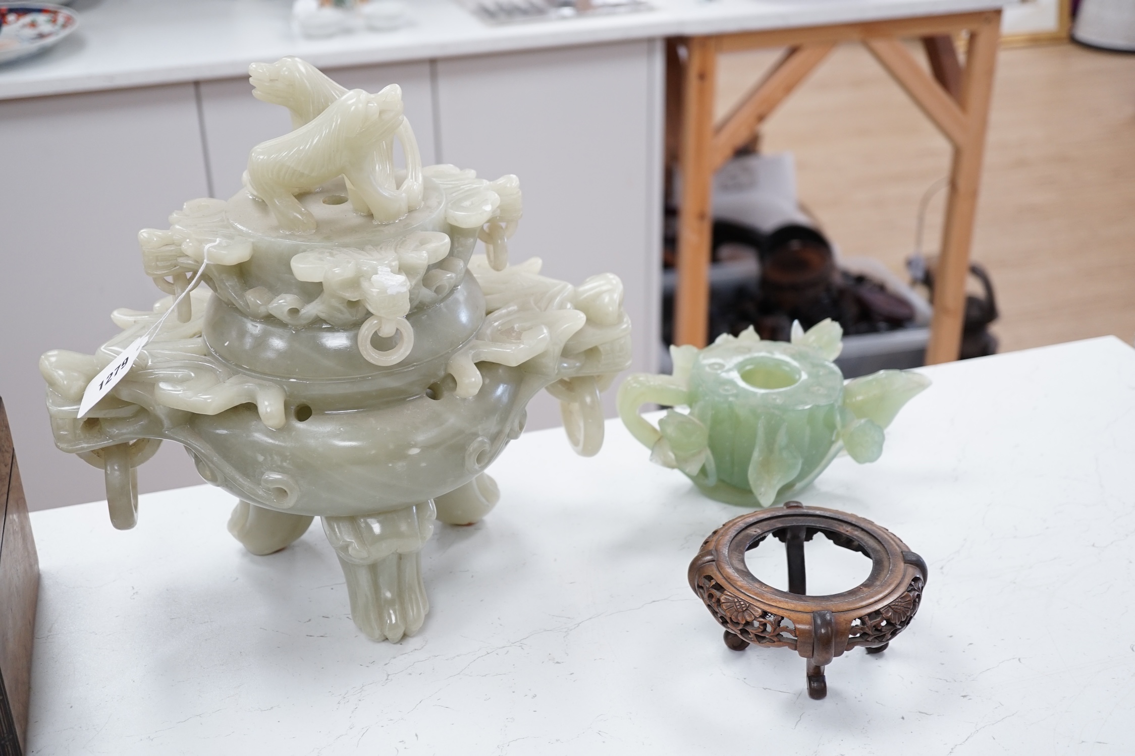 Five large Chinese hardstone and soapstone covered vases and censers and other carvings, largest 32cm. Condition - fair to good